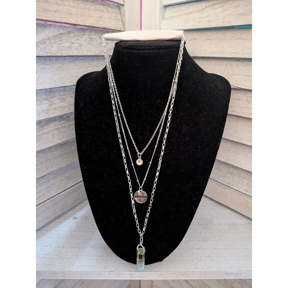 Justice Girls Silver Layered Necklace Strong Charm Crystal Pendant NWT